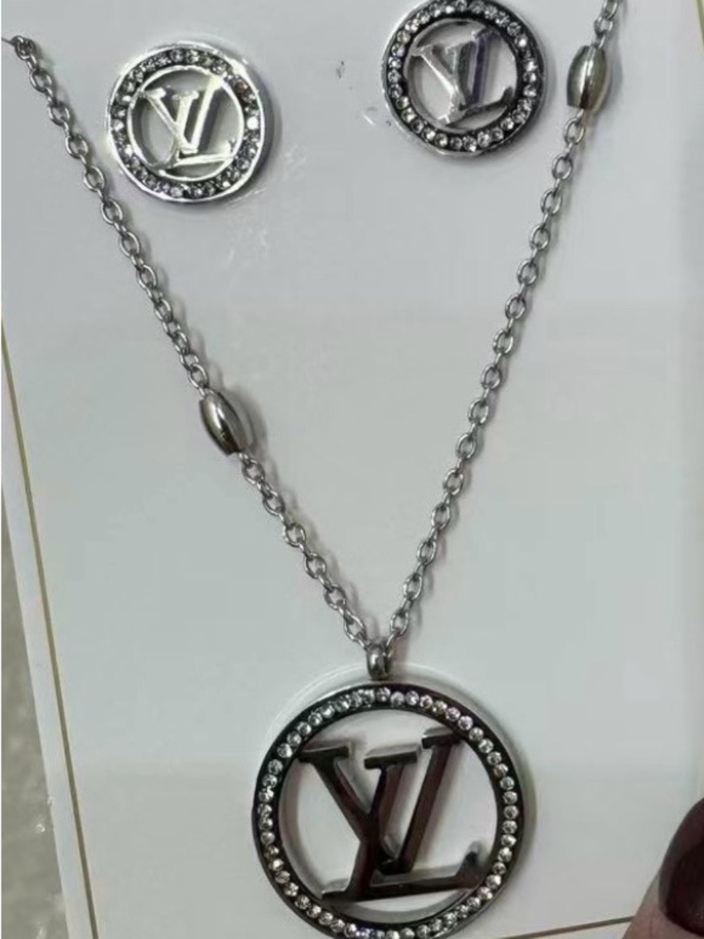 Silver Crystal Round Pendant Necklace & Earrings Set